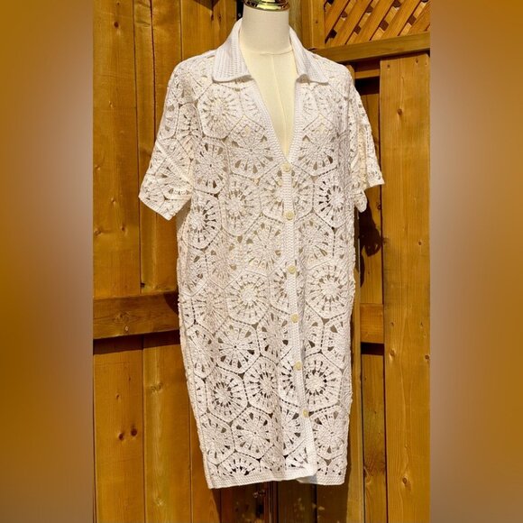 FARM Rio Dresses & Skirts - 🆕 FARM Rio 🧿 NWOT White Semisheer Floral Button-Up Crochet Cover-Up Dress, L